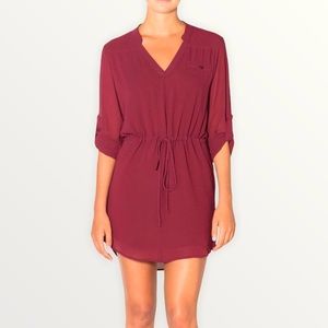 Naked Zebra Burgundy Drawstring Waist Roll Tab Sleeves Tunic Dress Size Large